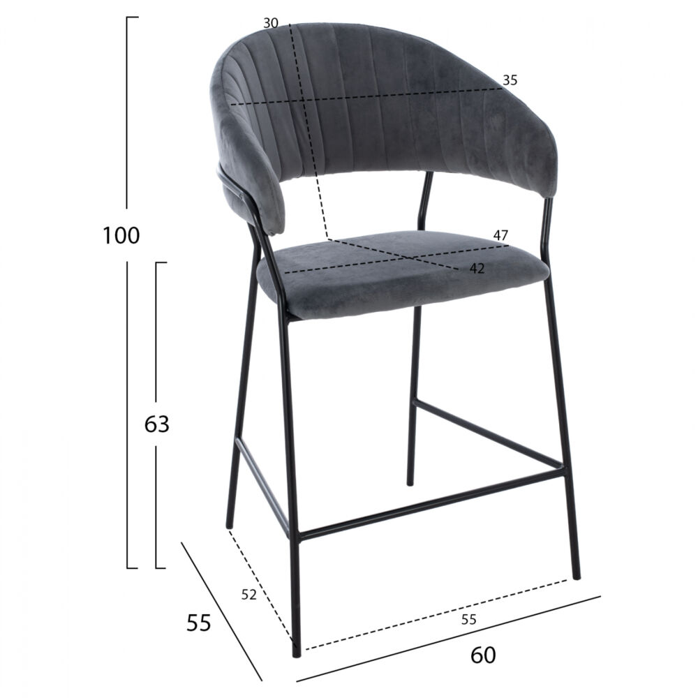MEDIUM HEIGHT STOOL FB98734.01 GRAY VELVET WITH BLACK FRAME 60x55x100Y cm.