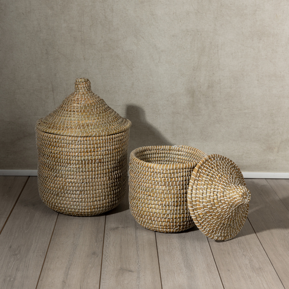NILE ROUND ΚΑΛΑΘΙ ΜΕ ΚΑΠΑΚΙ SET 2ΤΜΧ 37x37x38cm KANSGRASS ΦΥΣΙΚΟ ΛΕΥΚΟ PVC