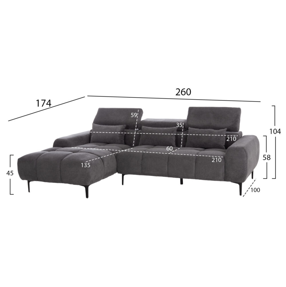 ΚΑΝΑΠΕΣ ΑΡΙΣΤΕΡΗ ΓΩΝΙΑ FB93267.12L ΓΚΡΙ ΥΦΑΣΜΑ 260x100-174x104Υεκ.